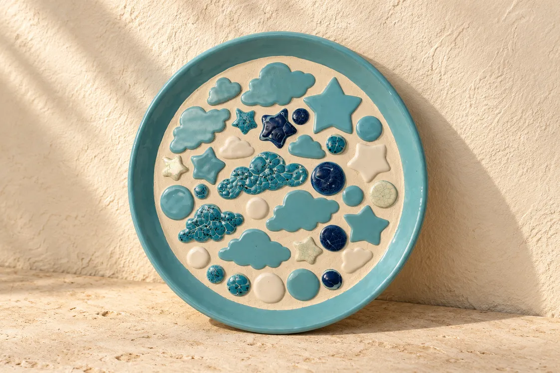 A turquoise-rimmed ceramic plate set with small glazed clouds, stars and dots in blues and cream, leaning against a plaster wall