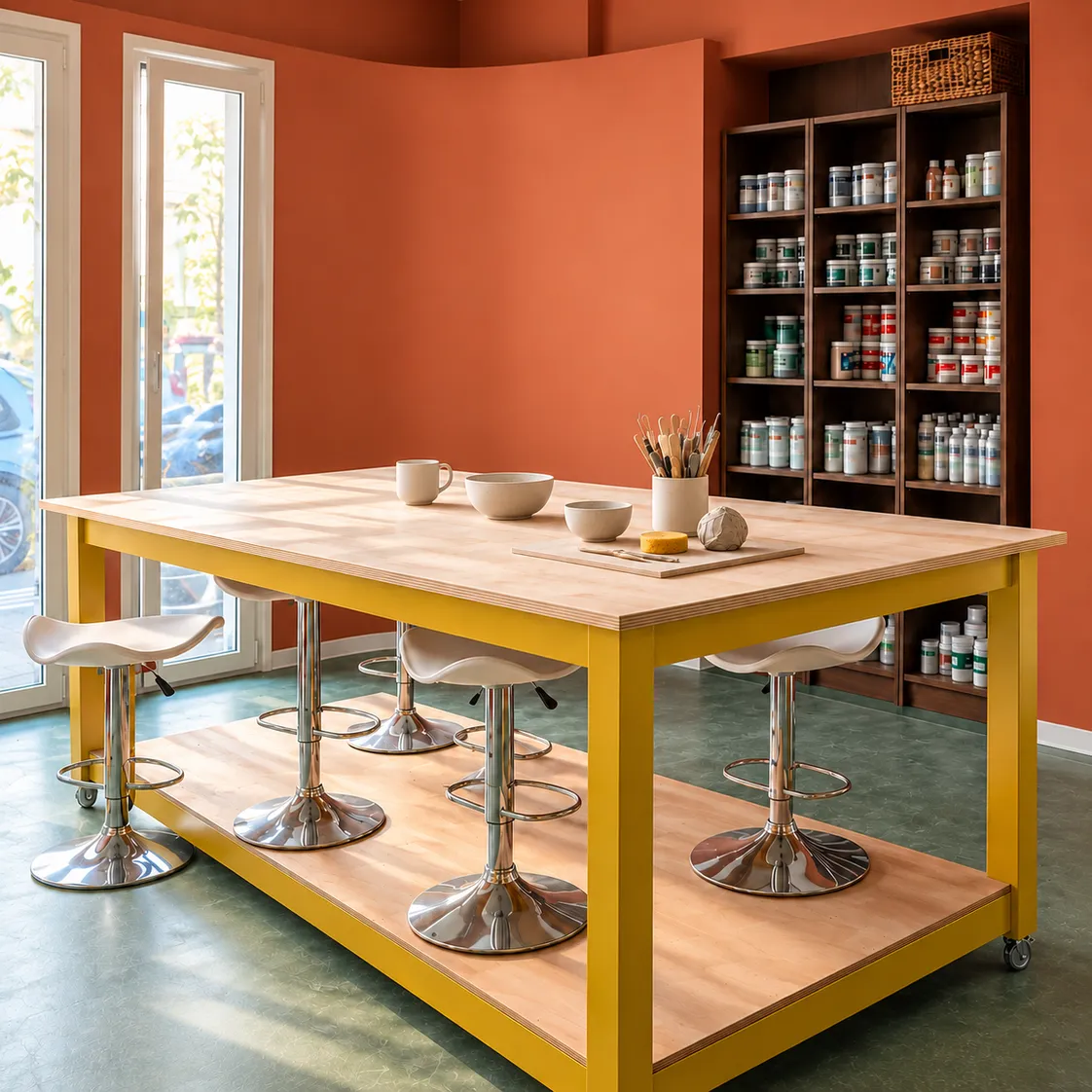 A plywood worktable on castors with a mustard-yellow frame and five white stools, two bowls, a cup and a pot of tools on top, against terracotta walls with a dark wooden shelf of glaze jars behind and French windows on the left