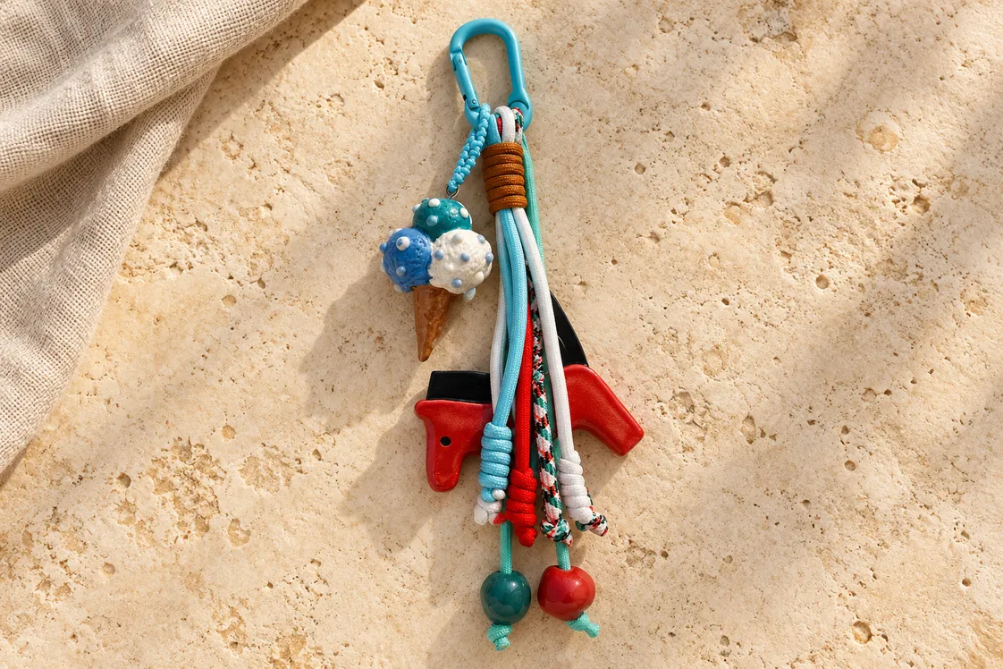 A bag charm on a pale-blue carabiner — knotted blue, red and white cords with a red ceramic horse, a blue ice-cream cone and two glazed beads
