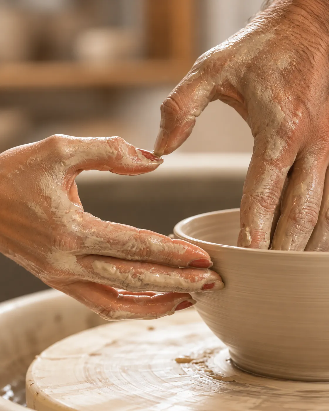 Two people’s clay-covered hands shaping one bowl together on the wheel, one hand inside it and one along its side, their fingertips touching above the rim
