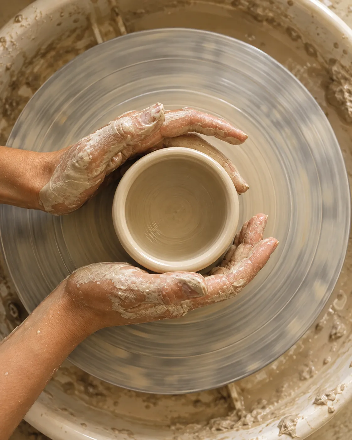 Seen from above, two clay-covered hands cradling a freshly thrown cup at the centre of a spinning pottery wheel
