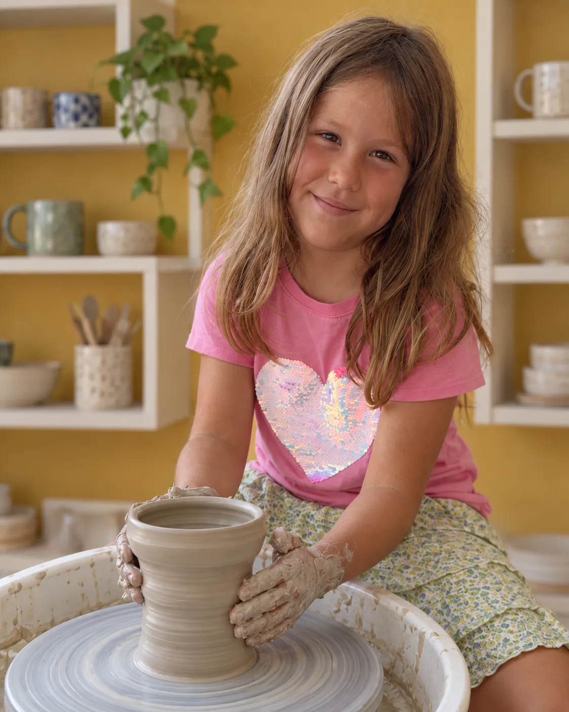 A smiling girl in a pink T-shirt at the pottery wheel, her clay-covered hands around a tall pot she is throwing, with shelves of cups and bowls behind