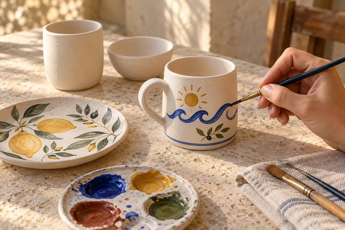 A hand painting blue waves and a yellow sun onto a white mug, beside a lemon-and-olive plate and a palette of colours on a stone table