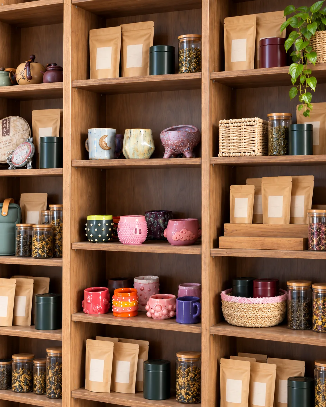 A tall wooden shelving unit stocked with kraft tea bags, dark-green and burgundy tins, glass jars of loose leaf, a pressed pu-erh cake and wicker baskets, with three shelves of colourful mugs in the middle and a trailing pothos at the top right