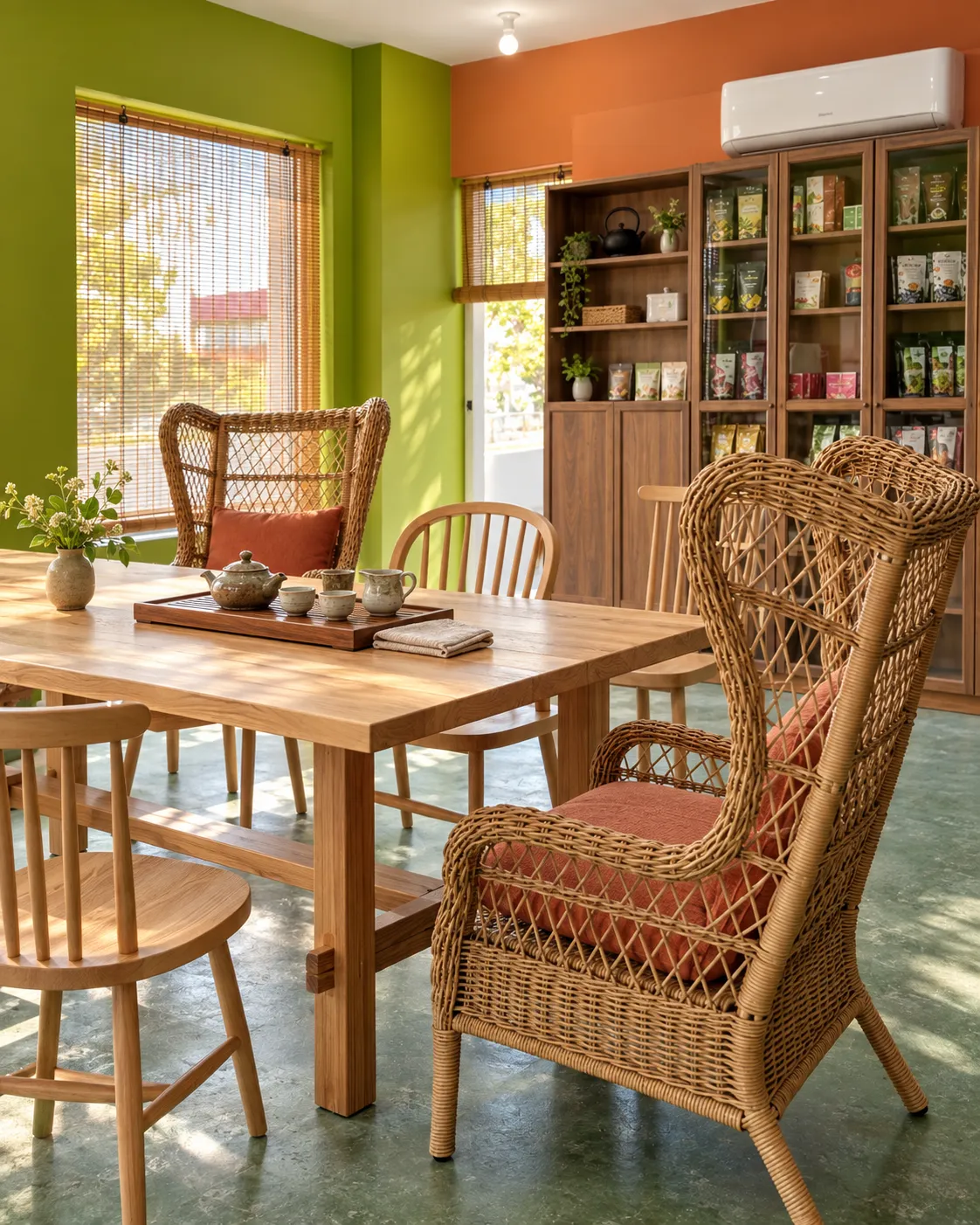 A room with green and terracotta walls and bamboo blinds: a long oak table set with a tea tray, teapot and cups, spindle-back chairs and two high-backed wicker armchairs with terracotta cushions, and a glass-fronted cabinet of tea packets behind